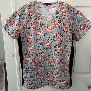 Scrub top with fox & floral pattern
